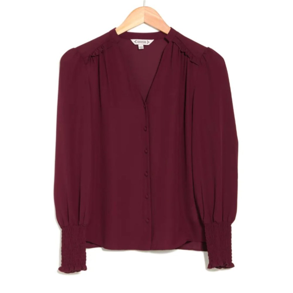 Nanette Lepore Smocked Cuff Split Neck Blouse (XL Burgundy)